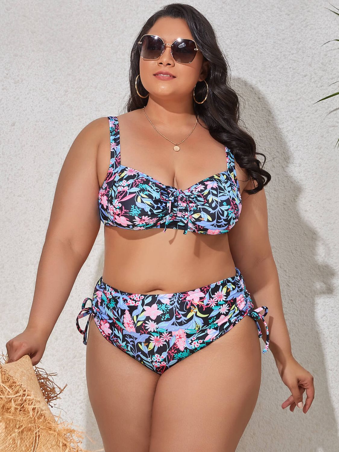 Plus Size Printed Drawstring Bikini Set