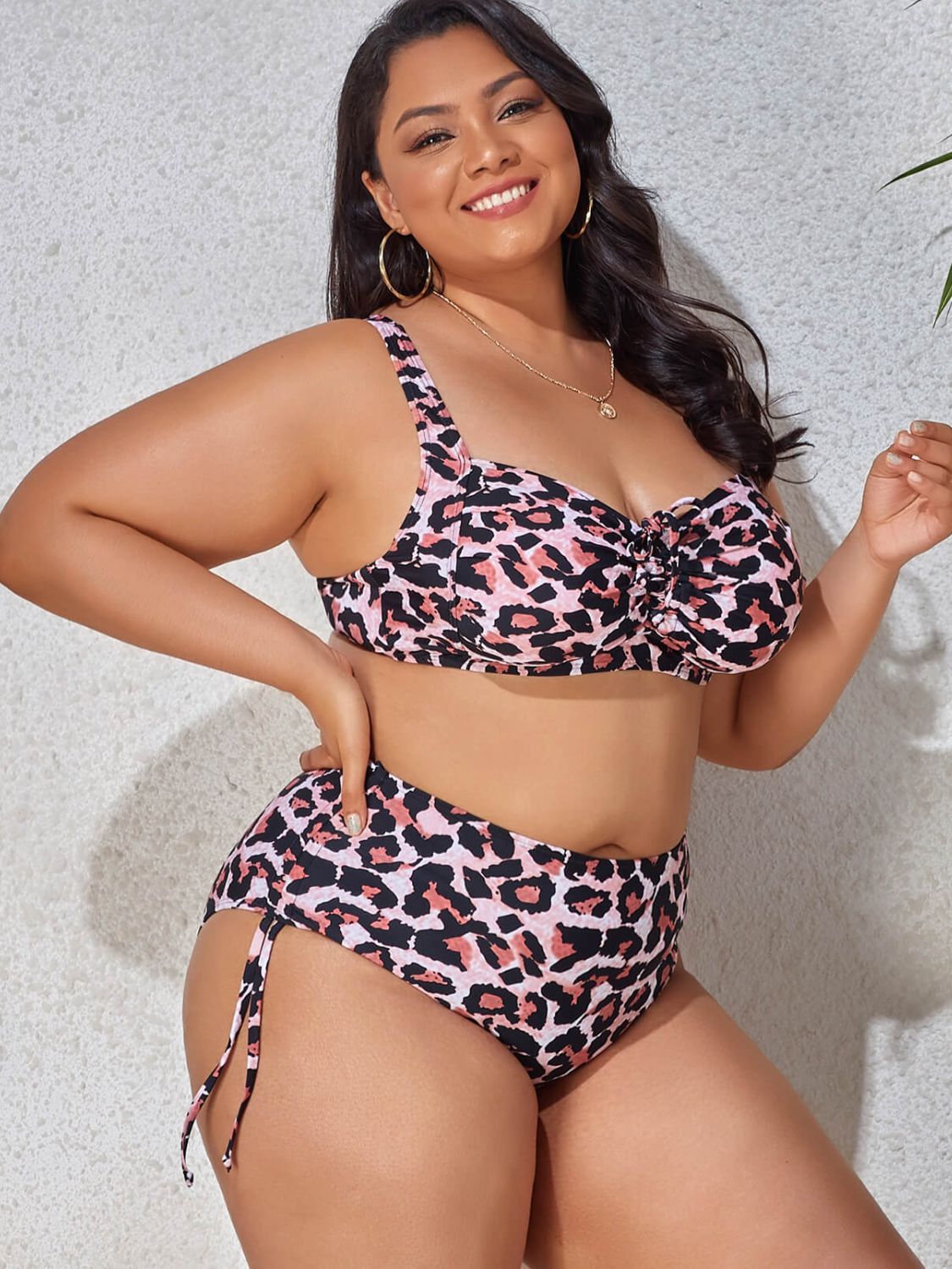 Plus Size Printed Drawstring Bikini Set