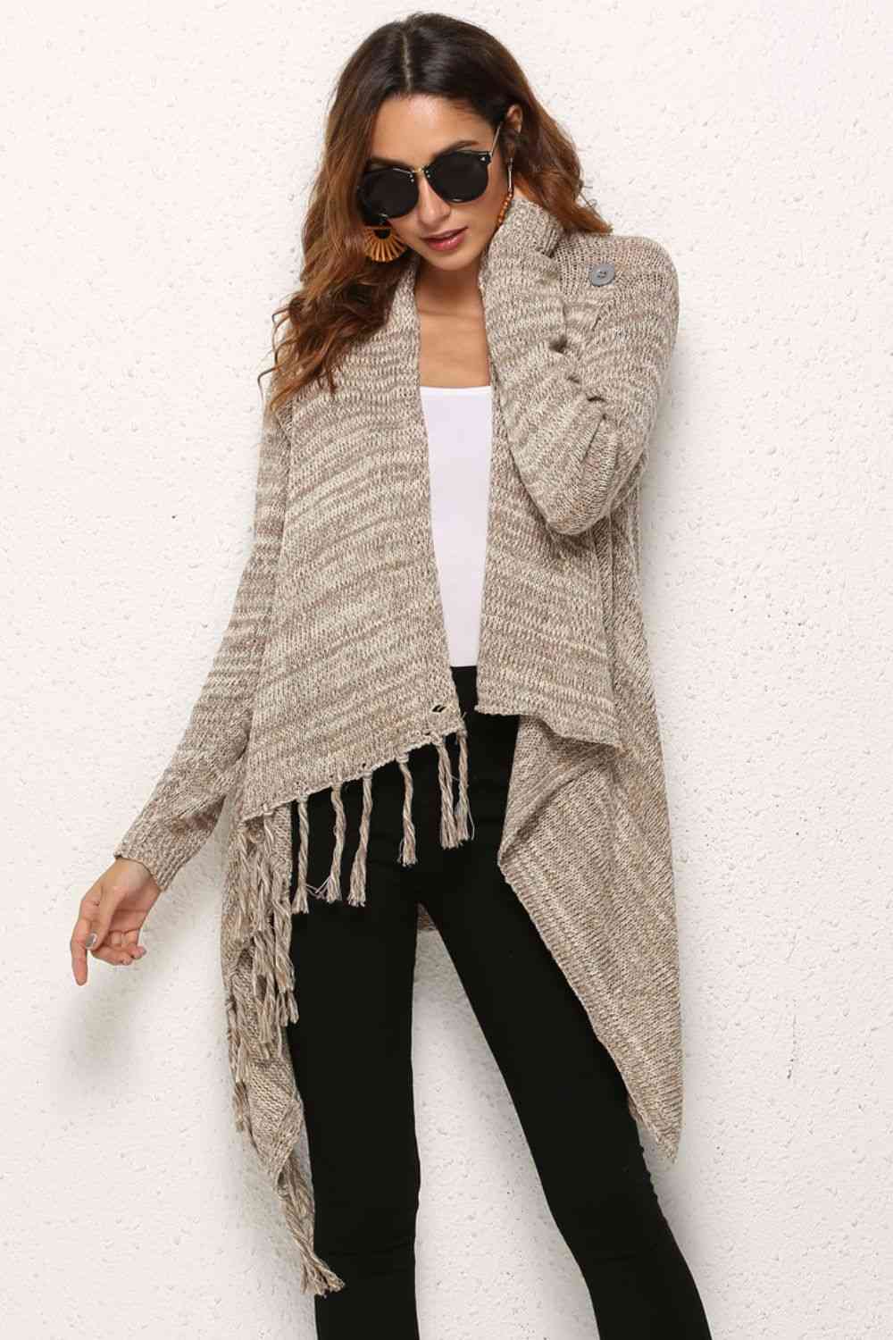 One-Button Tassel Tie Asymmetrical Hem Cardigan