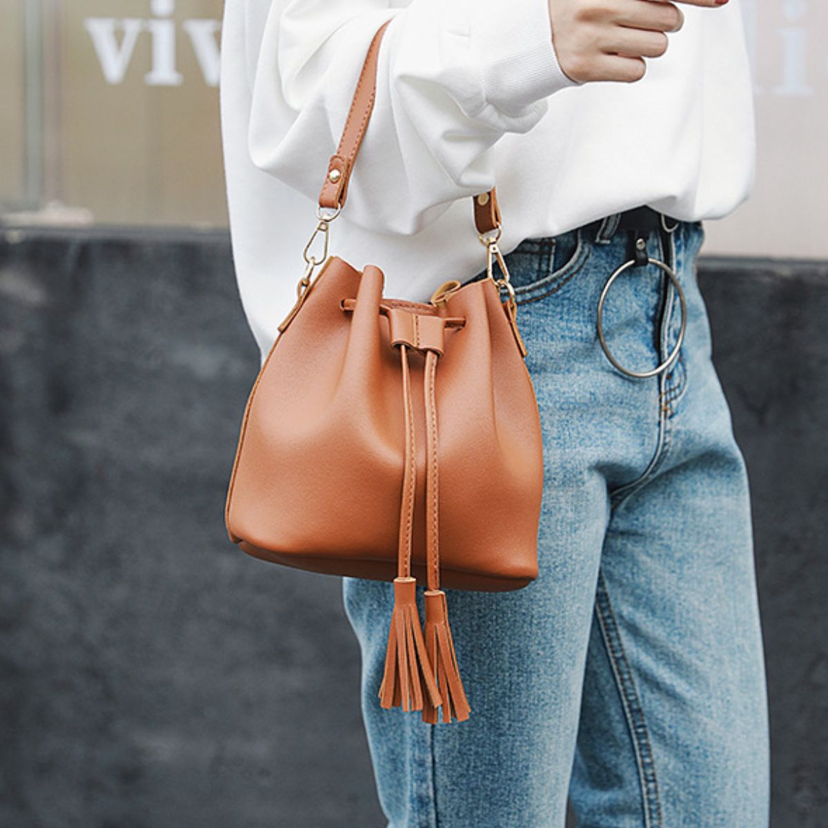 Vegan Leather Bucket Bag with Tassel