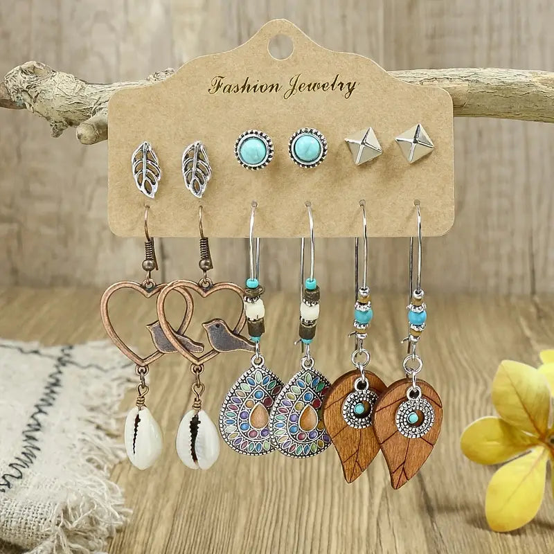 Vintage-Style Earrings Set - Heart-Shaped, Tassels, Feathers, and Turquoise for Women and Girls