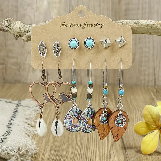 Vintage-Style Earrings Set - Heart-Shaped, Tassels, Feathers, and Turquoise for Women and Girls