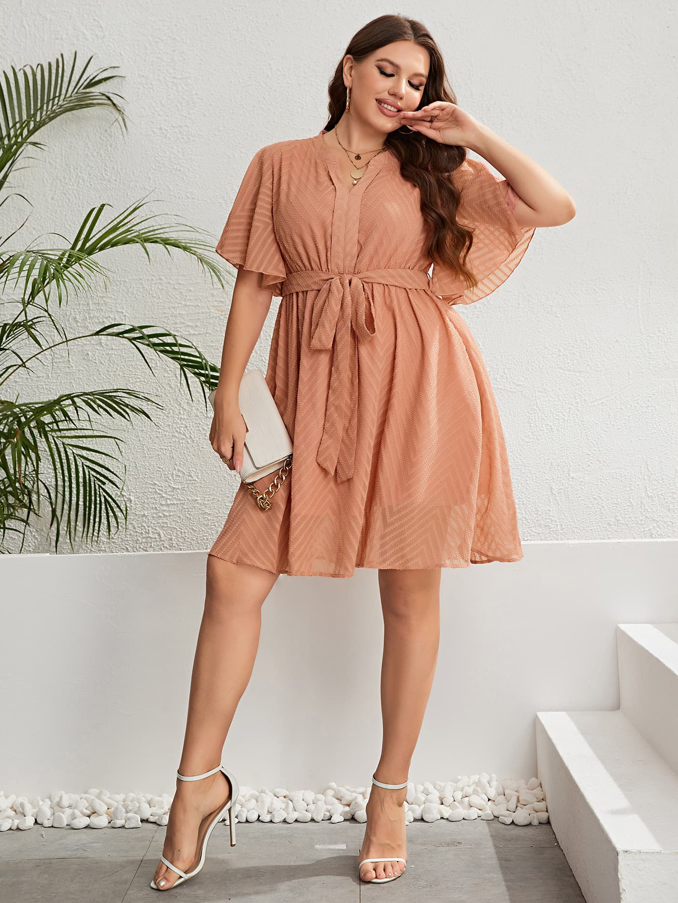 Plus Size Tie Waist Flutter Sleeve Dress