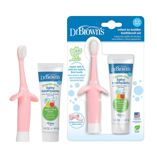 Dr. Brown’S Infant-To-Toddler Training Toothbrush Set (Pink Toothbrush with Fluoride-Free Apple Pear Baby Toothpaste) 0-3 Years